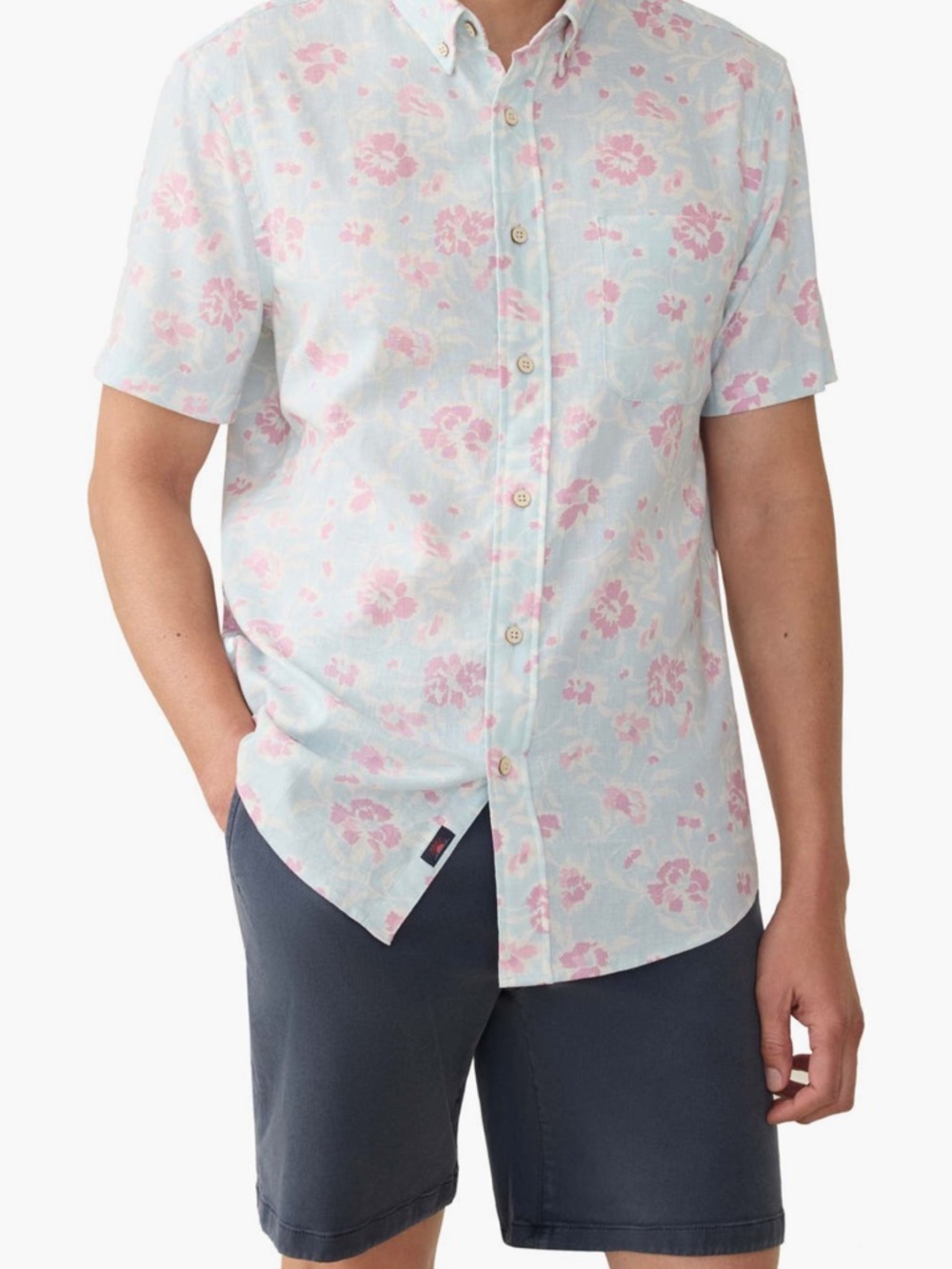 Faherty Breeze Light Blue Short-Sleeve Button-Down with Pink Floral Print
